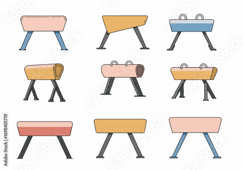 Flat design collection of various gymnastics equipment, featuring different styles of pommel horses and vaulting horses on white.