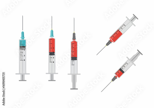 Various medical syringes with blue and red liquids for injections, vaccinations, and healthcare procedures, isolated on a white background.