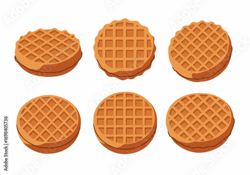 Collection of six golden round waffles with classic grid patterns, freshly baked and ready for breakfast or dessert, isolated on a clean white background.
