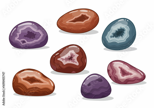 Vibrant collection of raw and cut geodes, alongside polished agate stones, showcasing natural beauty and crystal formations, isolated on white.