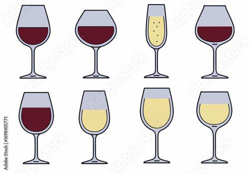 Collection of Outlined Wine and Champagne Glasses Icons with Red, White, and Sparkling Beverages for Graphic Design and UI Elements