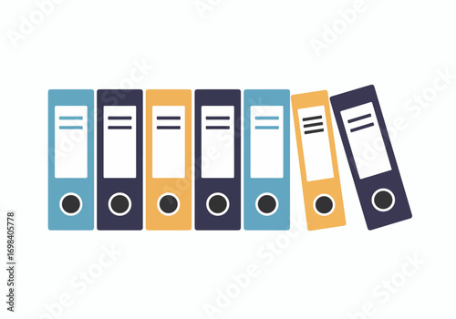 Row of colorful office ring binders and lever arch files, some standing, some leaning, illustrating document organization and paperwork management.