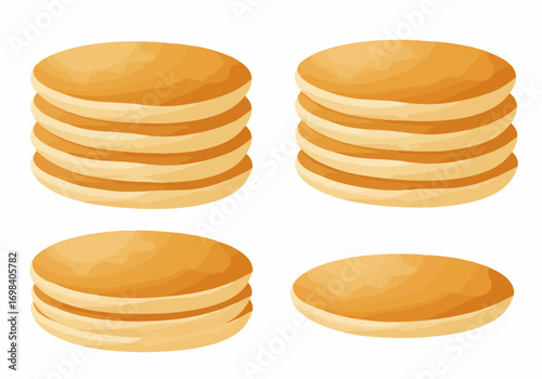 Vector illustration set of golden brown pancakes in various stacks and a single pancake, perfect for breakfast, dessert, or menu designs.