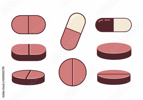 Flat Design Medical Pills and Capsules Collection. Various pharmaceutical tablets and capsules in modern graphic style for healthcare and pharmacy illustrations.