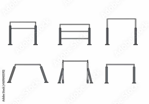 Vector illustration featuring a variety of parallel and pull-up bars for calisthenics, strength training, and outdoor fitness workouts.