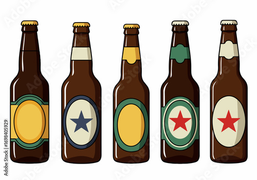 Set of Five Stylized Beer Bottles with Different Labels on a White Background