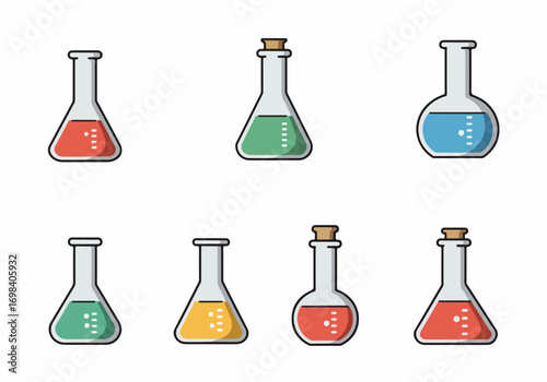Colorful vector illustration of laboratory flasks and beakers with various liquids, representing science, research, and chemistry experiments.