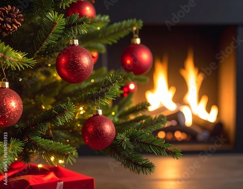 sapin de noël avec des boules rouges devant une cheminée