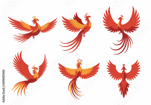 Collection of stylized phoenix birds in flight, powerful mythical firebirds symbolizing rebirth, strength, and triumph in vibrant red and orange.