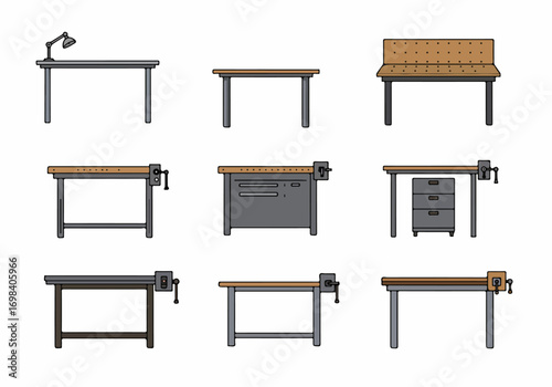 Illustrated set of various workbenches, tables, and desks with tools like vises and pegboards, perfect for DIY, crafting, and workshop projects.