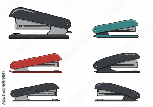Colorful set of vector staplers, essential office supplies for organization and paperwork, isolated on white background.