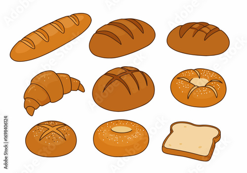 Cartoon Bread and Baked Goods Vector Assortment: Baguettes, Croissants, Rolls, Bagels, and Toast Illustration on White Background.