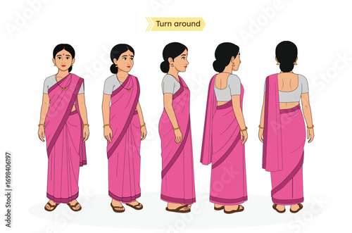 Indian Woman Turnaround Sheet – Front, Side, ⅓ front view, ⅓ back view and Back Views. Indian Woman in Saree Character Turnaround Sheet. Indian Village Woman Turnaround Sheet Cartoon Character for Ani