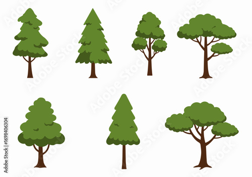 Set of stylized green trees in diverse shapes, including evergreen conifers and deciduous varieties, ideal for nature-themed illustrations and graphic design projects.