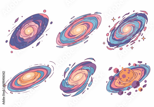 Vibrant Cartoon Spiral Galaxies and Cosmic Elements Collection with Stars and Debris on White Background, Space Exploration Illustration Set