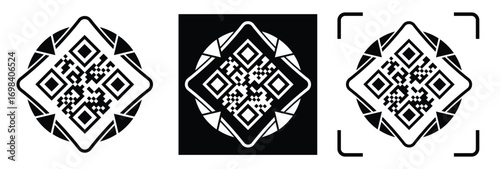 High-contrast black and white QR code with grid squares, centered in frame. Simple thin black border. Clean digital design, technical style, suitable for scanning or template use.