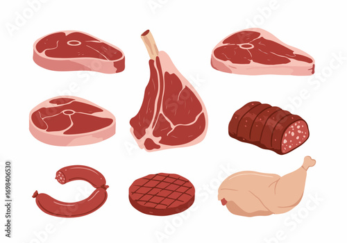 Collection of Fresh and Processed Meat Products: Steaks, Sausages, Burger Patty, and Chicken Leg Illustration on White Background