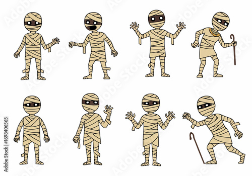 Collection of Cute Cartoon Mummies in Various Poses for Halloween and Egyptian Themes