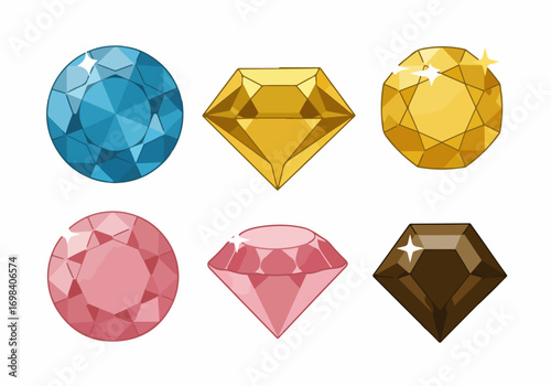 Collection of diverse cartoon gemstones and shiny diamond icons in various colors and cuts, isolated on white.