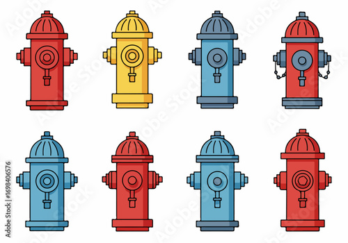 Collection of cartoon fire hydrants in various colors, including red, yellow, and blue, depicted in a flat design style on a white background, representing emergency services and urban infrastructure.