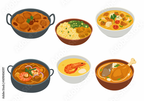 Assorted delicious international stews, curries, and soups in bowls and pots. A vector illustration collection of diverse traditional and popular hot meals.