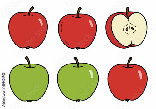 Colorful cartoon apples vector set: red and green whole fruits with one sliced half, perfect for healthy eating designs and educational materials.