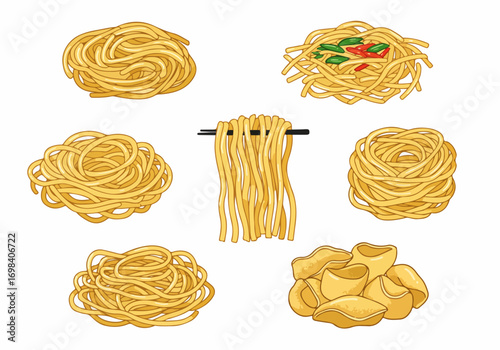 A diverse collection of illustrated noodles and pasta types, including ramen nests, stir-fried chili noodles, chopsticks, and pasta shells, isolated on white.
