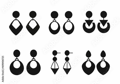 Collection of six distinct black silhouette earring icons featuring various modern and geometric designs on a white background, perfect for jewelry concepts.