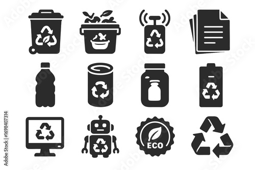 Icons recycling eco vector bottle icon green pile glass compost arrows can