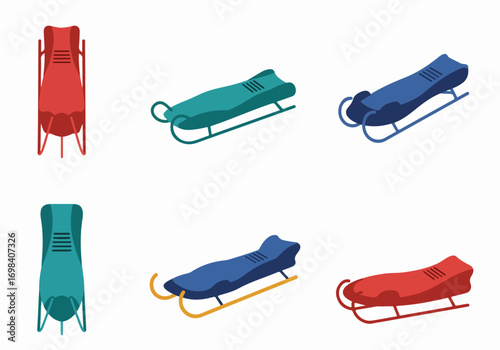 Colorful Winter Sports Sleds: Isometric and Top-Down Views of Bobsleds and Skeleton Sleds in a Flat Design Illustration Set.
