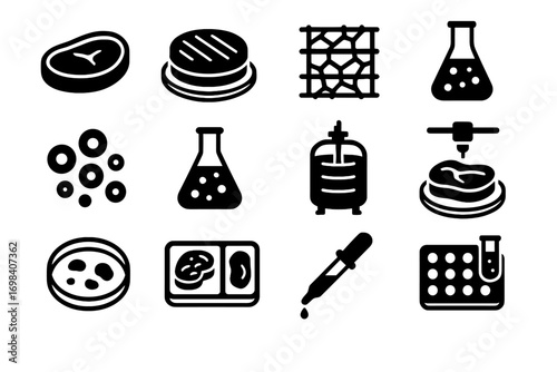 Icon cell growth medium meat dish bioreactor sustainable tray protein vector icons