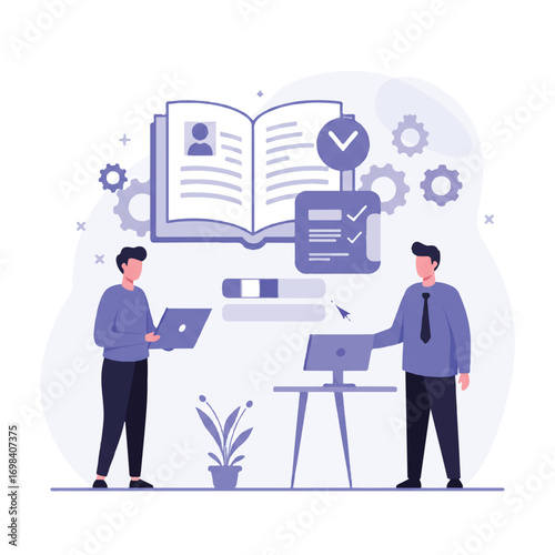 A vibrant 2D flat vector depicts an employee learning from a mentor in an office, with an open book and progress bar symbolizing skill development and continuous growth.