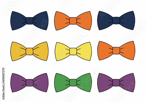 Collection of colorful bow ties in a grid pattern on a white background, featuring shades of blue, orange, yellow, purple, and green, perfect for fashion and celebration themes.