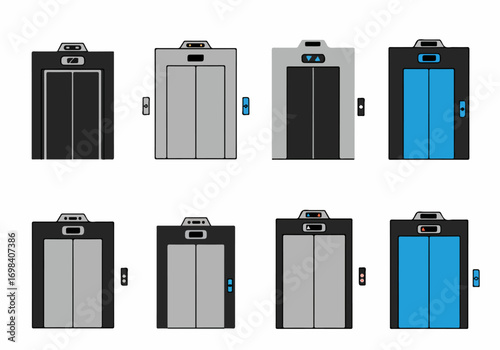 Set of different elevator designs and interfaces, illustrating various modern and classic lift options for buildings and vertical transportation.