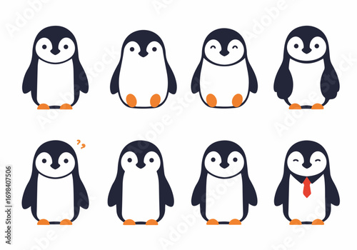 Cute cartoon penguin characters showcasing diverse expressions and poses, including a winking penguin with a tie, in a simple vector illustration set.