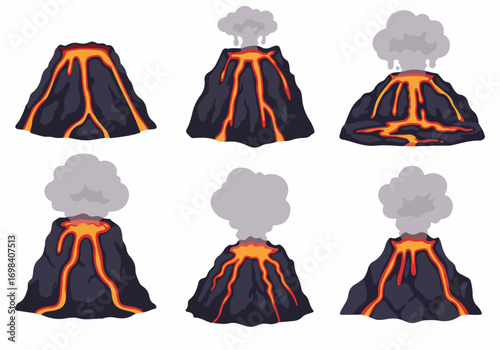 Set of Cartoon Volcanoes with Flowing Lava and Smoking Craters, Flat Design Illustration on White Background