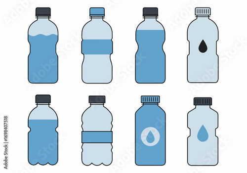 Minimalist flat vector illustrations of diverse plastic water bottles, showcasing hydration, health, and eco-friendly themes.