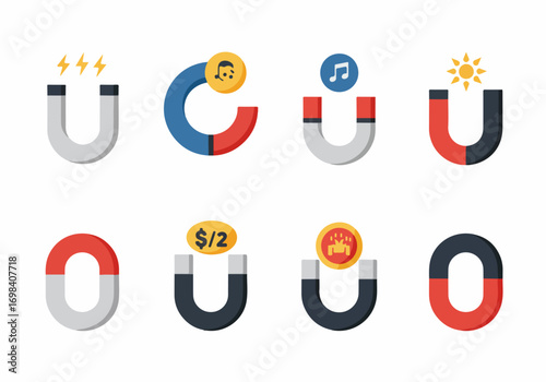 Colorful Magnet Icons Attracting Energy, Music, Customers, and Wealth in a Flat Design Collection.