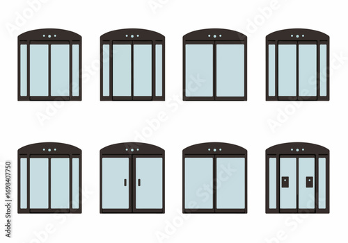 Collection of modern automatic and revolving glass doors icons, depicting various entrance and exit solutions for commercial buildings.