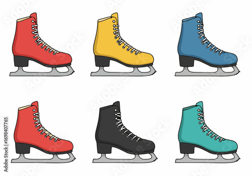 Colorful cartoon ice skates illustration set, featuring vibrant red, yellow, blue, black, and teal skates for winter sports and recreational activities on ice.