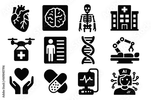 Brain patient robotic digital monitor model set vector icon medical view