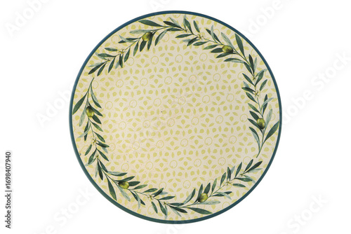 Decorative Round Plate with Olive Branch Design and Subtle Yellow Pattern Background