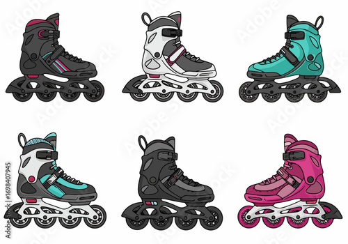 Collection of Six Colorful Inline Skates Vector Illustration: Modern Rollerblades in Various Hues for Sports, Recreation, and Active Lifestyle Design Projects