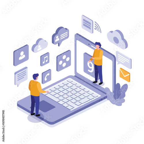 Online services in a 2D flat vector illustration, people use a laptop and smartphone, surrounded by social media and cloud icons.