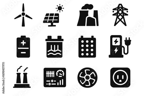Wind energy set hydro turbine icon grid vector electric dam plant water