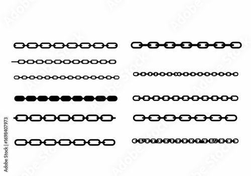 Vector collection of black chain link designs in various styles, isolated on a white background, representing connection, strength, and security.