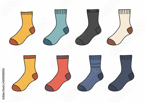 Colorful cartoon socks collection for everyday wear and comfort, featuring various designs and styles in a simple doodle illustration.