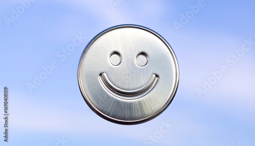 Chrome Smiley Badge Floating Against a Gradient Sky