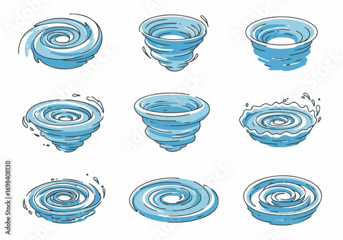 Set of Blue Cartoon Whirlpool and Vortex Icons: Dynamic Water Swirls and Natural Disaster Symbols Illustration Pack