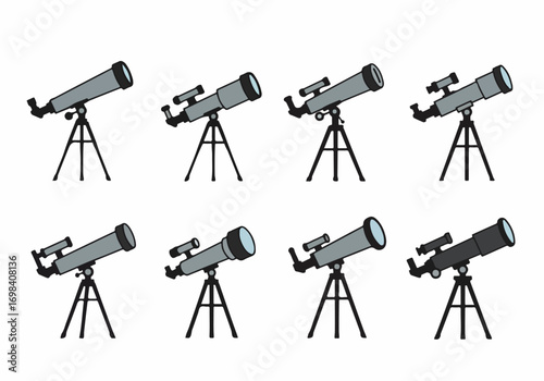 Collection of eight stylized cartoon telescopes on tripods, ideal for astronomy, stargazing, and scientific exploration illustrations.